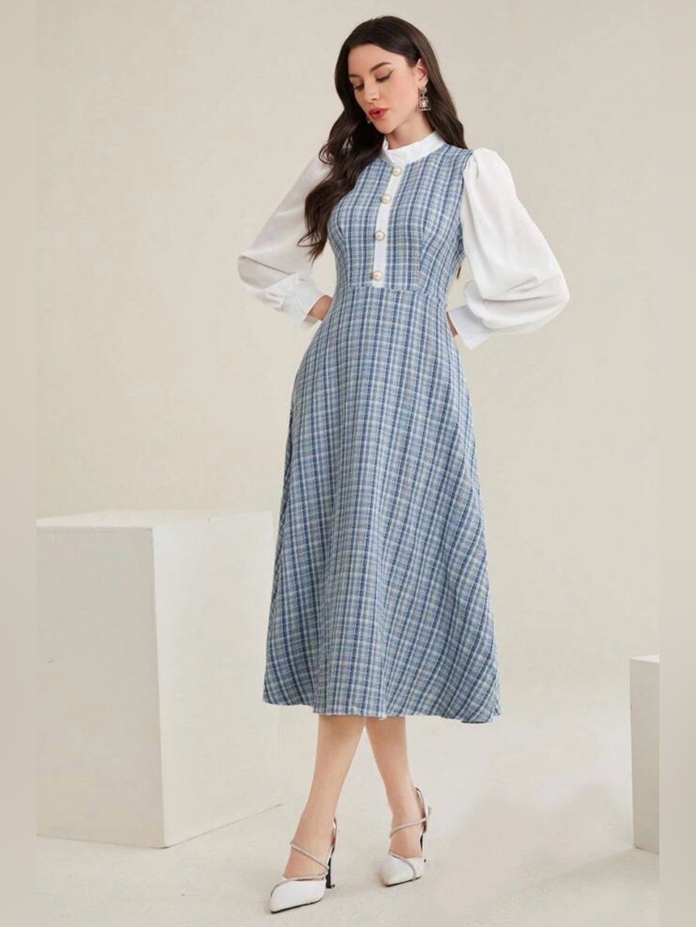 SHEIN Madelyn Stand Collar Blue Plaid Lantern Sleeve Maxi Dress